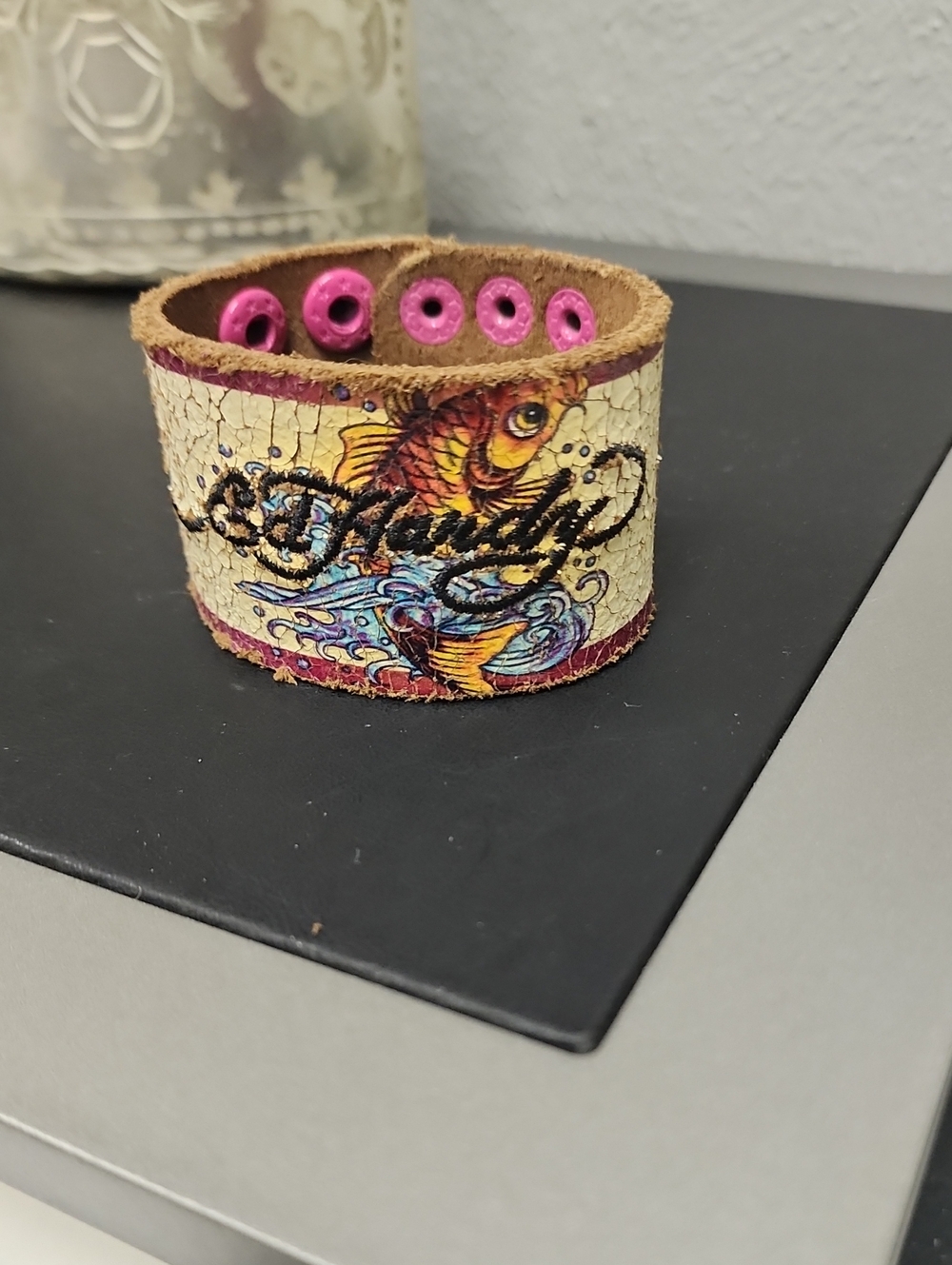 Ed Hardy Handmade Fish Embroidered Cuff Bracelet in Pink & Tan